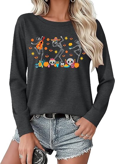 Day of The Dead Shirts Women: Dia De Los Muertos Graphic Tee Shirt Halloween Long Sleeve Tops - skull tshirt