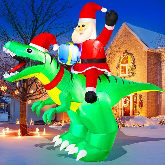 9x7FT Christmas Inflatables Santa Ride on Dinosaur with LED Outdoor Christmas Dinosaur Inflatable Blow Up Yard Decorations with Sandbags Stakes Strings for Garden Decor - skull inflatable