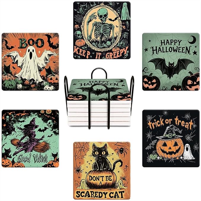 Halloween Drink Absorbent Coasters with Holder Set of 6, Ceramic Stone with Cork Base, Vintage Pumpkin Coaster for Drinks, Gift for Housewarming Room - skull coaster