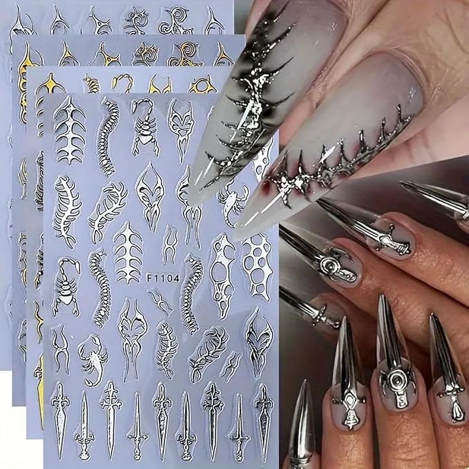 4 Sheets Goth Nail Stickers for Nail Art 3D Punk Style Black Belt Nail Art Stickers Gold Silver Flame Lines Nail Decals Self-Adhesive Centipede Thorn Vine Curves, Swords, Scorpion Patterns for Women - skull sticker