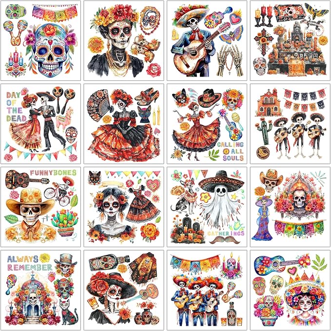 Rub on Transfers, 16 Sheets, 6 x 6 Inch, for Crafts, Sugar Skull - skull sticker