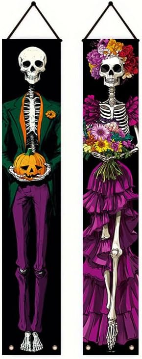 12×71 inch Skull Crown Pumpkin Banner Halloween Birthday Decoration with Lantern, Black Background Suitable for porch, terrace, and indoor hanging decorations