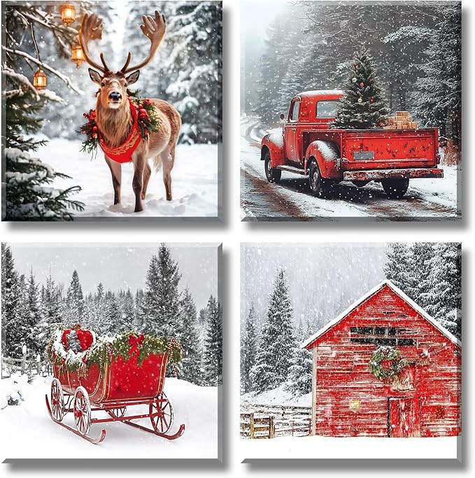 JiazuGo Framed Christmas Canvas Wall Art Set of 4 - Red Barn Truck Sleigh Deer Winter Scene, Farmhouse Pictures for Living Room Bedroom Kitchen, Vintage Christmas Decorations Ready to Hang - skull wall art