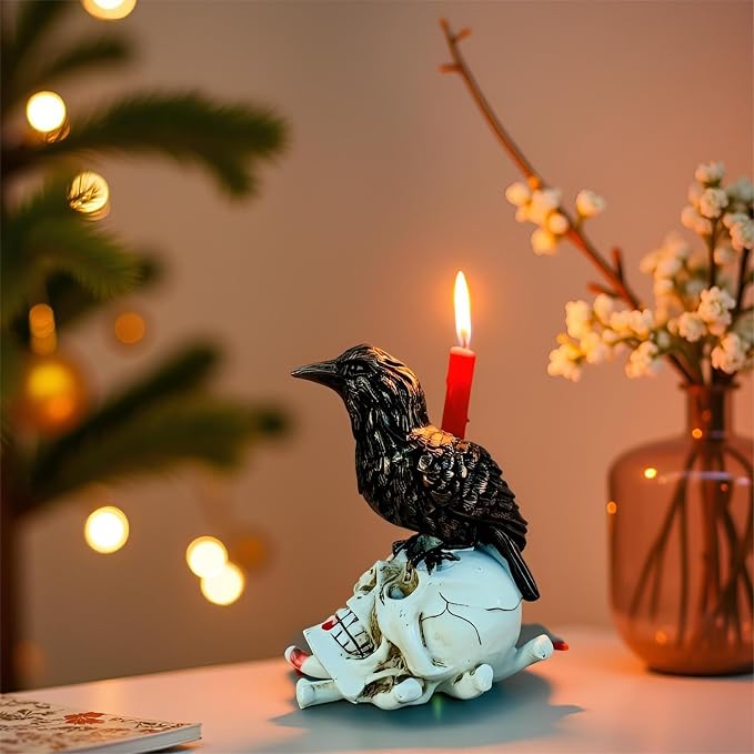 Skull Raven Candle Holder, Gothic Resin Tea Light Decor - skull candle