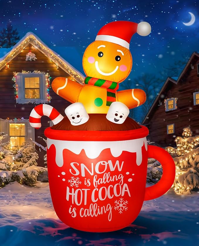zukakii 6FT Christmas Inflatables Decoration Outdoor, Cute Gingerbread Man in Hot Cocoa Mug Christmas Blow Up Yard Decoration Blowups Build-in LED Light for Holiday Party Xmas New Year - skull inflatable