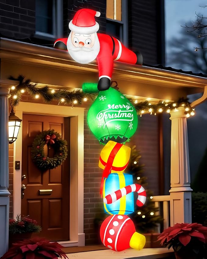 10FT Hanging Christmas Inflatable Outdoor Decoration Climbing Santa Pulling Gift Box Bag Funny Christmas Blow Up Yard Decorations with Built-in LEDs for Roof Balcony Window Tree Xmas Decor