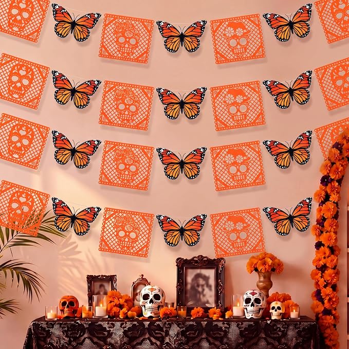 4pcs Papel Picado Dia De Los Muertos Banner Day of The Dead Skull Butterfly - skull carpet