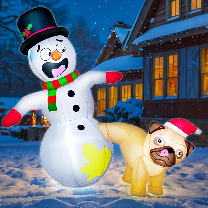 zukakii 5FT Christmas Inflatables Pug Dog Peeing on Snowman, Christmas Decoration Outdoor Built-in Bright LED Light Christmas Blow Up Yard Decorations Blowups for Holiday Party Xmas New Year - skull inflatable