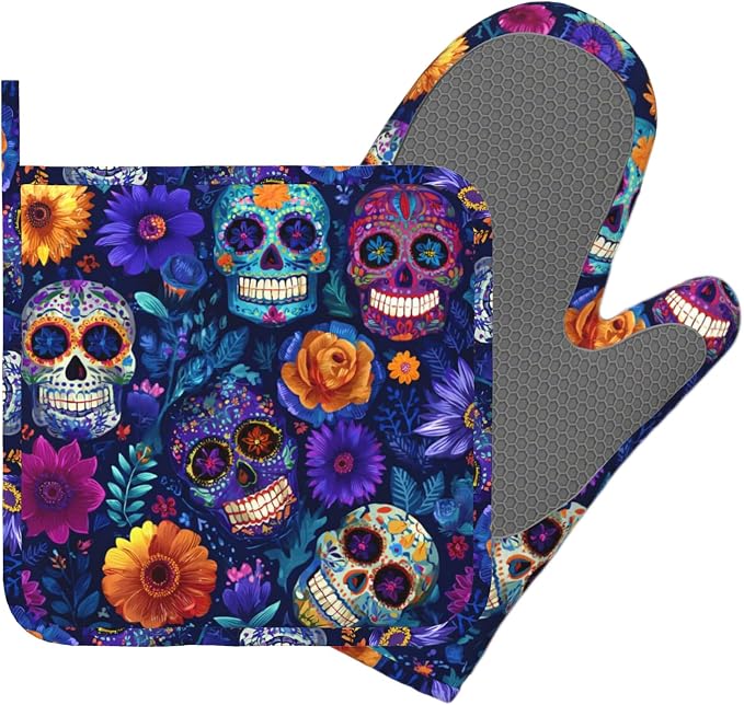 Day of The Dead Oven Mitt and Pot Holder with Silicone Heat Resistant Kitchen for Cooking BBQ Baking Grilling Cooking Protection - skull coaster
