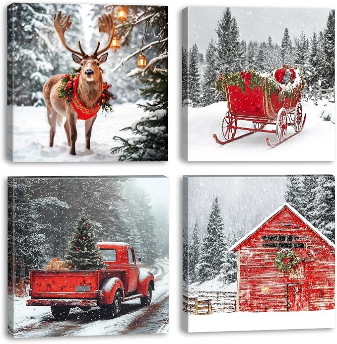 Framed Christmas Wall Art Set of 4, Vintage Winter Wall Decor, 12x12 Inch - skull wall art