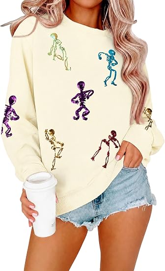 Halloween Sweatshirt Women Spooky Season Sweaters Sequin Skeleton Shirt - sugar skull boots