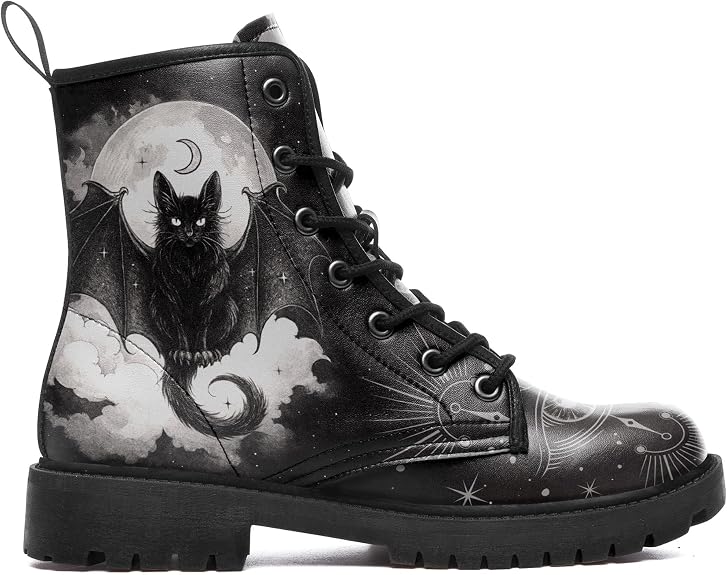 Gothic Combat Ankle Boots for Women Men Animal Artwork Lace-Up Vegan Leather Booties Punk Rock Chuncky Heel Fashion Black Boot