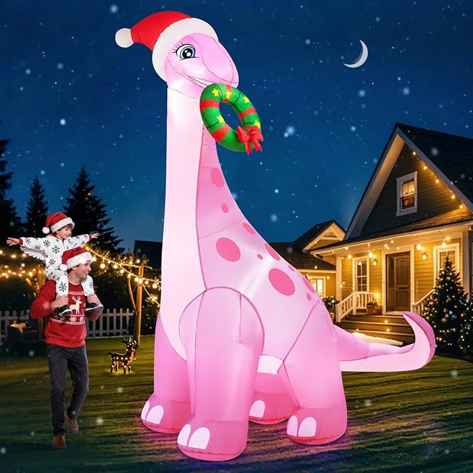 zukakii 13FT Giant Christmas Inflatables Decorations Outdoor Pink Dinosaur, Huge Christmas Blow Up Yard Decorations with Christmas Wreath Hat Build-in LED Light Strong Blower for Holiday Party Xmas - skull inflatable