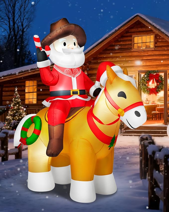 6x7FT Christmas Inflatables Cowboy Santa Riding Horse, Christmas Decoration Outdoor Built-in Bright LED Lights, Western-Style Christmas Blow Up Yard Decorations Blowups for New Year Xmas Holiday - skull inflatable