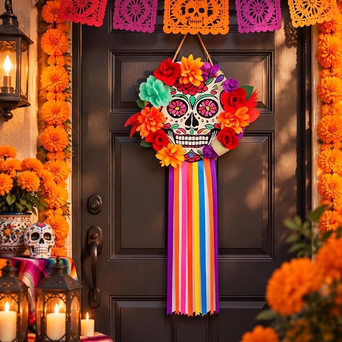 Cinnvoice Day of The Dead Door Wreath Wood Sugar Skull Marigold Altar Decor - sugar skull ornament