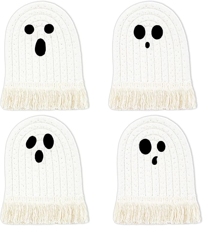 Whaline Halloween Ghost Cotton Coasters Cute White Ghost Shape Handmade Braided Drink Coasters with Tassel Absorbent Cup Mats for Trick or Treat Party Home Table Decor, Set of 4