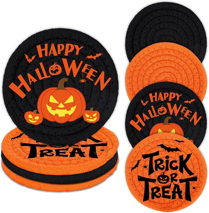 Whaline Happy Halloween Cotton Coasters Black Orange Pumpkin Face Handmade Braided Drink Coasters Trick or Treat Absorbent Cup Mats for Party Home Table Decor, Set of 4 - skull coaster