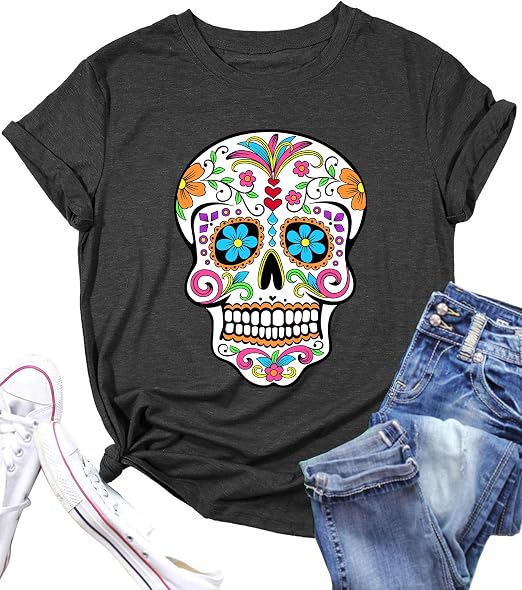 QAUN Dia De Los Muertos Shirt Women Day of The Dead Tshirt Skeleton Graphic Tee Skull Tops - skull tshirt