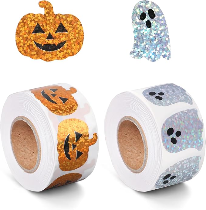 1000pcs Halloween Stickers Roll, Sparkly Ghost & Pumpkin Stickers - skull sticker