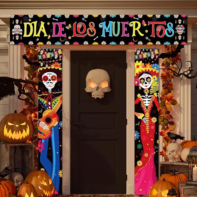 Day of the Dead Porch Banner Halloween Mexican Dia De Los Muertos Decoration Welcome Hanging Porch Sign Mexican Skull Door Banners Background for Halloween Home Photo Booth Props Favor Supplies - skull plate