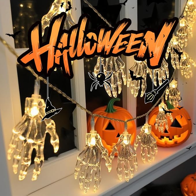 Halloween Lights Decor 10Ft 20LEDs Battery Operated Skeleton-Hand Light
