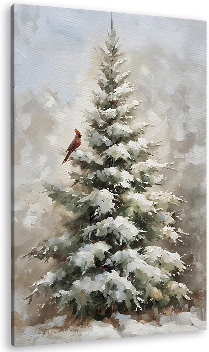 TLESKE Vintage Winter Pine Tree Cardinal Wall Art Decor, Rustic Snowy Christmas Tree Canvas Wall Art Print for Bedroom Living Room, Christmas Wall Artwork Picture, 16x24 - skull wall art