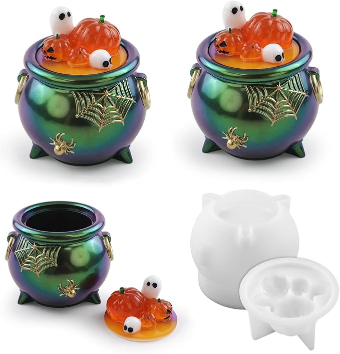 Halloween Witch Cauldron Resin Mold Silicone Cute Ghost Pumpkin Lids Large Jar Molds for Resin Casting Halloween Party Home Decoration (Cauldron-Pumpkin) - skull ashtray