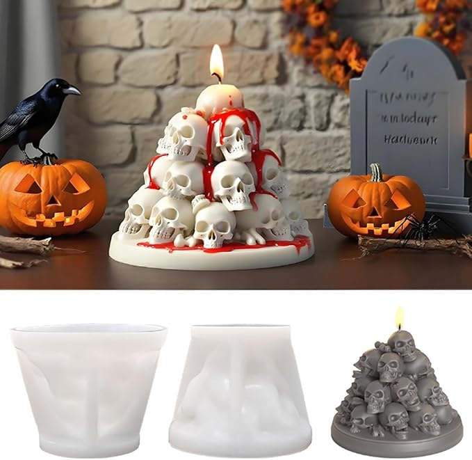 Halloween Skull Candle Mold Kit - 3D Silicone Candle Making Mold with 3 Wicks & Centering Device - Horror Skeleton DIY Candle Molds for Halloween Decor, Party & Gift (3D Skull-A) - skull candle