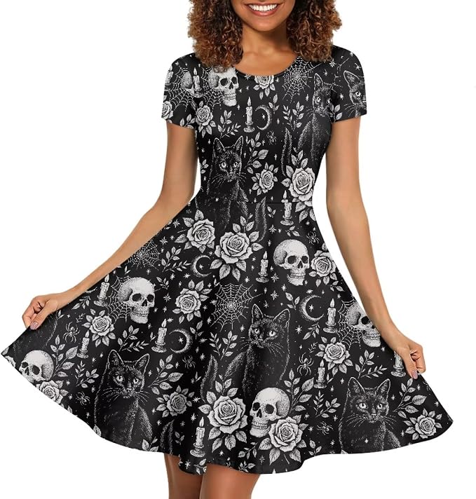 HUGS IDEA Womens Puffy Swing Midi Dress Round Neck Short Sleeve Party A-Line Dresses - sugar skull dress