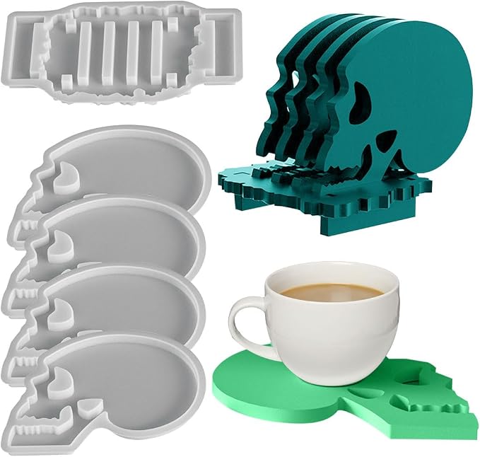 2PCS Skull-Shaped Coaster & Storage Rack Epoxy Resin Molds, 3D Silicone Plate Tray Molds UV Resin Casting Art Molds for Home Table Christmas Halloween Decoration Gift Making - skull coaster