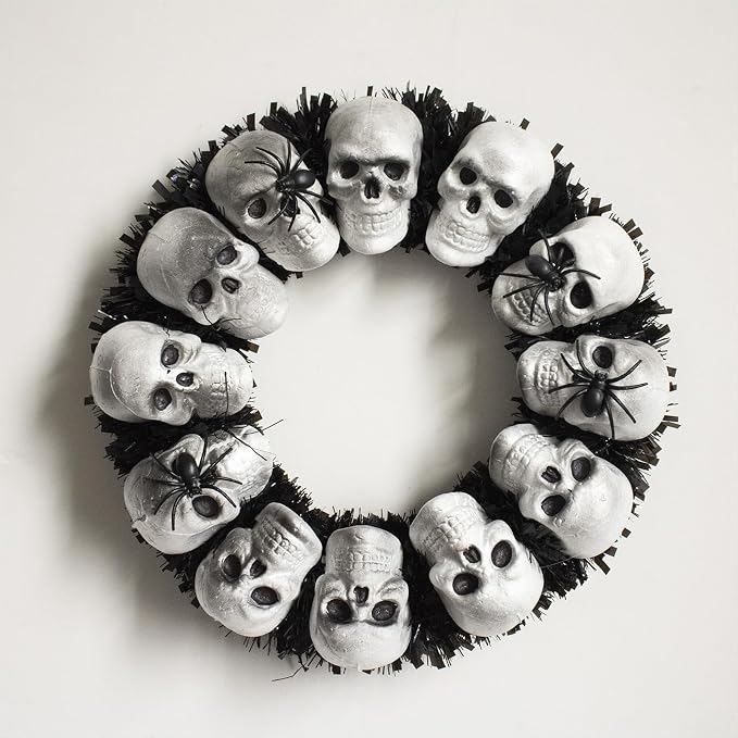 Black Halloween Skull Wreath with Spider for Front Door Decor,16.93inch Scary Death Skull Wreath Outdoor & Indoor Decoration (Black) - skull wreath