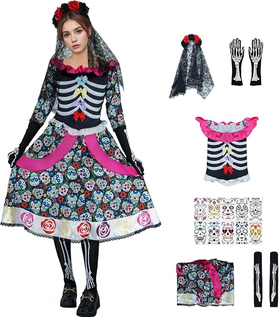 Day of the Dead Costumes for Women Halloween Cosplay Skeleton Flower Dress Face Tattoos Gloves Stocking with Veil - sugar skull costume