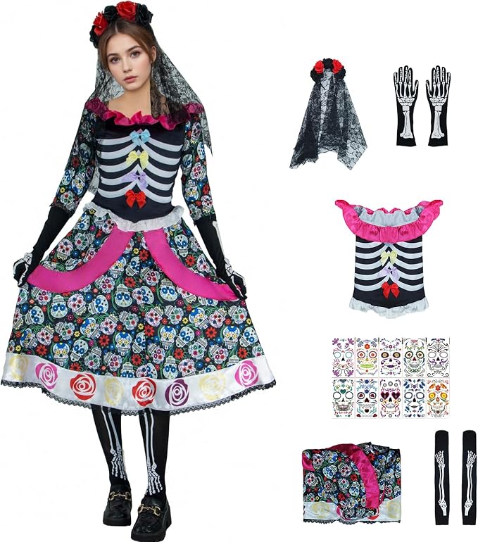 Day of the Dead Costumes for Women Halloween Cosplay Skeleton Flower Dress Face Tattoos Gloves Stocking with Veil - sugar skull dress