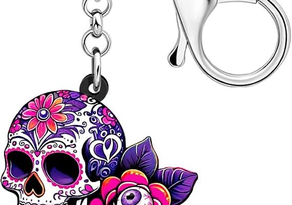 Acrylic Rose Flower Skull Keychain Halloween Accessories Spooky Sugar Skull Gifts for Women Girls Bag Purse Key Charms