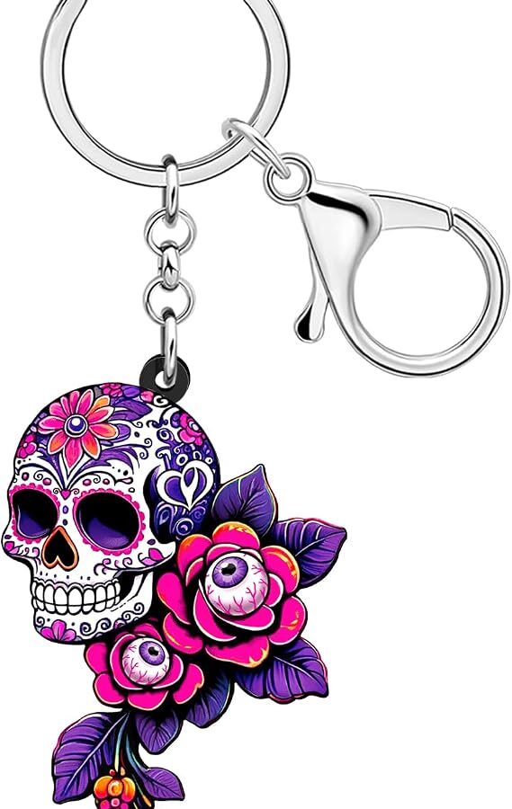Acrylic Rose Flower Skull Keychain Halloween Accessories Spooky Sugar Skull Gifts for Women Girls Bag Purse Key Charms - sugar skull handbags for sale