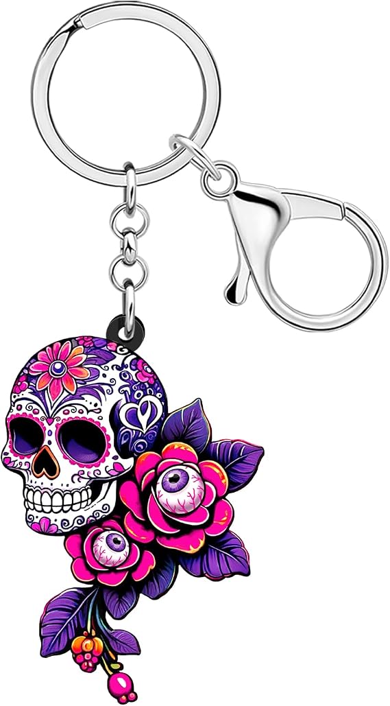 Acrylic Rose Flower Skull Keychain Halloween Accessories Spooky Sugar Skull Gifts for Women Girls Bag Purse Key Charms