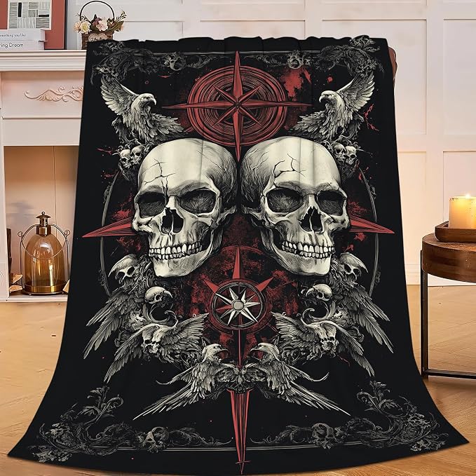 Skull Blanket Halloween Day of The Dead Decor Horror Throw Blanket Gifts for Girls Boys Warm Soft Plush Lightweight Fleece Flannel Winter Couch Bedding Blankets for Kids Adults Women 50″X40″
