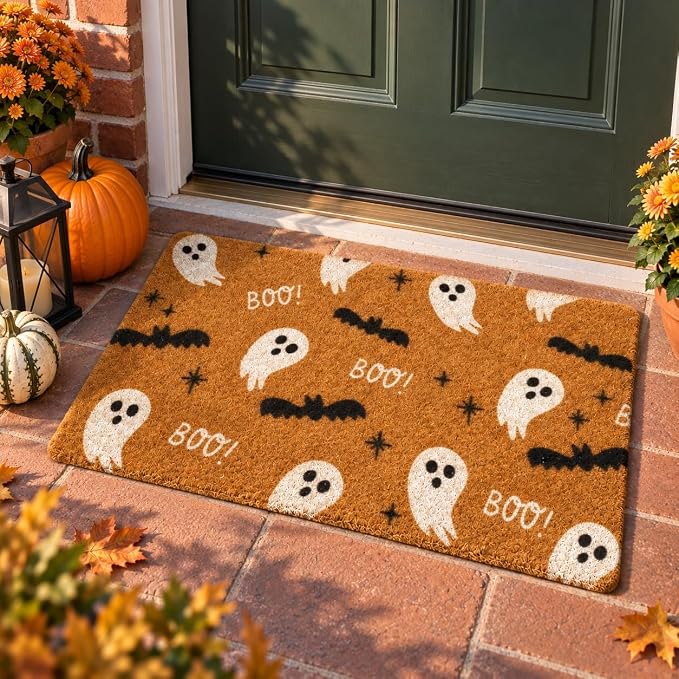 Halloween Door Mat Outdoor, Funny Doormat Welcome with Ghosts and Spooky, 30″x17″ Faux Coir Front Door Mat for Porch, Entryway, or Patio (Boo Mat)
