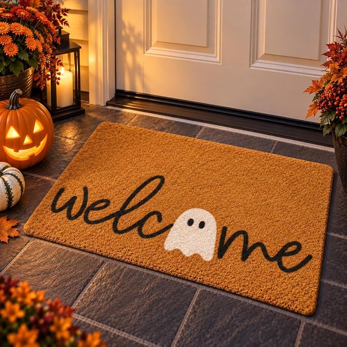 Halloween Door Mat Outdoor, Funny Doormat Welcome with Ghosts and Spooky, 30"x17" Faux Coir Front Door Mat for Porch, Entryway, or Patio (Ghost WEL) - skull door mat