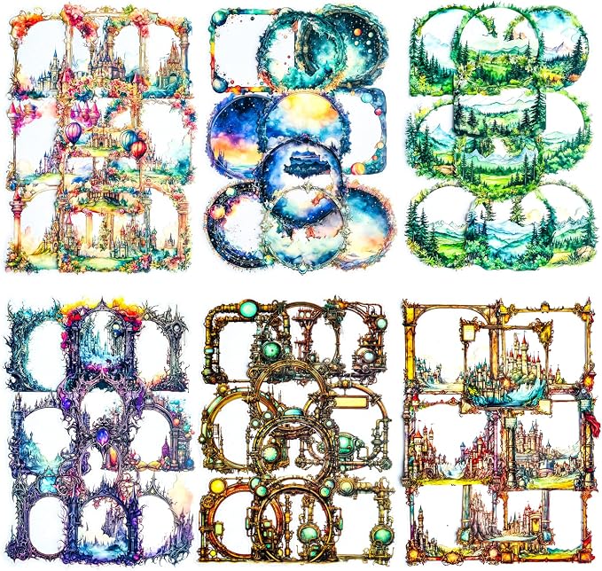 60 PCS Fantasy Aesthetic Frame Stickers – Large Waterproof Clear Decoupage Borders for Scrapbooking, Journaling, Crafts Supplies, Card Making – 6 Designs of Gothic, Castle, Galaxy, Forest & Steampunk - skull sticker