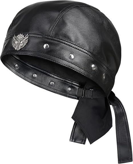 Leather Biker Hats for Women Cycling Skull Cap Adjustable Doo Rag Black Bandana - skull hat