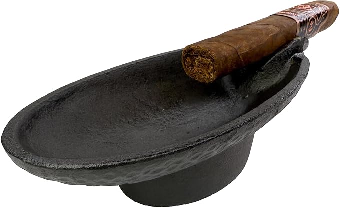 Rustic State Perfecto Cast Iron Cigar Ashtray for Outside Patio with Single Stirrup Rest Antique Oval Design Outdoor Wrought Iron Ash Disposal with Hammered Effect - Black - skull ashtray