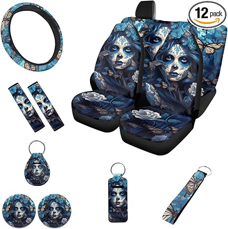 12 Pieces Sugar Skull Butterfly Blue Car Seat Cover Automotive Seat Belt Pads Steering Wheel Lip Storage Bag Keychain Interior Accessories Decoration for Cars Auto Trucks SUVs - skull coaster