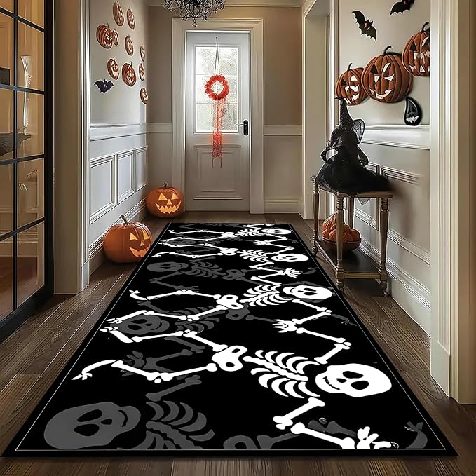 Skull Runner Rug,Black Soft Long Strip Carpet,Skeleton Party Rugs,Washable Non-Slip Kitchen Mat,Durable Lint-Free,for Laundry Room Entrance Hallway Dining Room Living Room(Carpet9, 2x6ft)