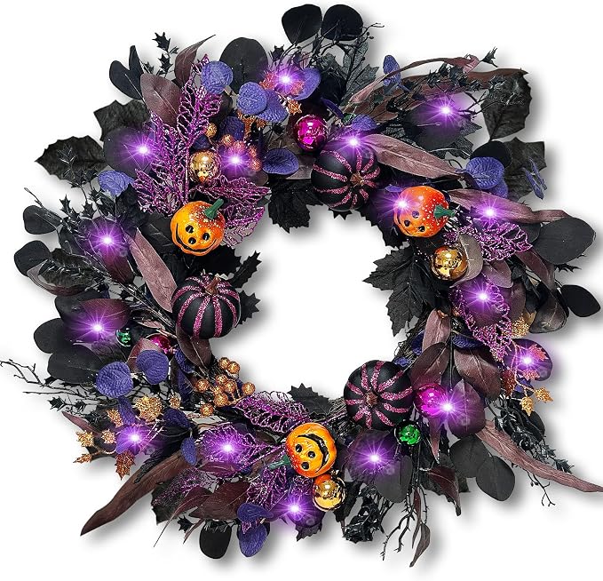 24 Inch Halloween Wreaths for Front Door with Lights, Pre-Lit Pumpkin Wreath, Spooky Ghost Wreath with Purple Glitter, Gold Berries & Ornaments, Halloween Decorations Indoor Outdoor Decor - skull wreath
