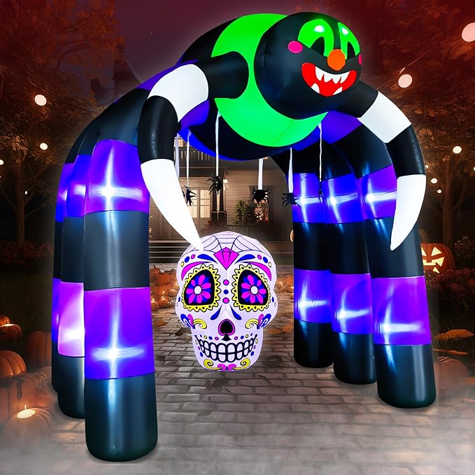 SEASONBLOW 10 Ft Halloween Inflatable Spider Archway and 4.5 Ft Halloween Inflatable Sugar Skull Decoration - skull inflatable
