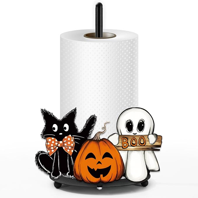 Whaline Halloween Paper Towel Holder Pumpkin Ghost Boo Cat Metal Towel Stand Trick or Treat Decoration Accessory for Holiday Party Home Kitchen Countertop - skull toilet paper