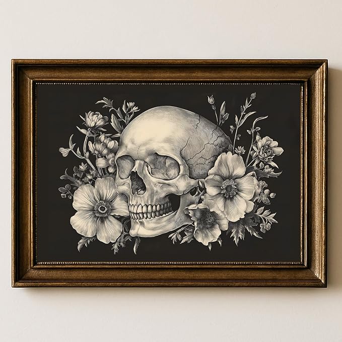 Black And White Skull Wall Art Dark Academia Floral Prints Moody Victorian Wall Art Botanical Gothic Halloween Pictures Moody Floral Painting Vintage Skull Posters Skeleton Artwork 16x24inch Frameless - skull wall art