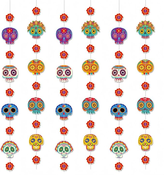 YVAINE 6 Strings Halloween Day of The Dead Sugar Skull Marigold Flowers Garland,40 inch Dia de Los Muertos Hanging Decoration Banner Garland for Home Mantel Altar Decorations Party Supplies - sugar skull ornament