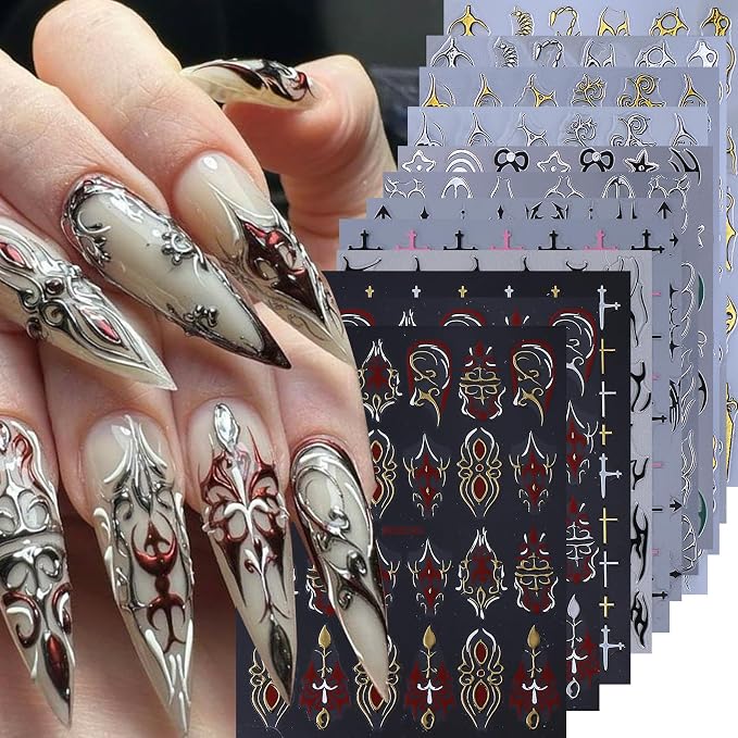 Gothic Nail Art Stickers Decals 12 Sheets 3D Goth Tutem Nail Stickers Retro Punk Belt Cross Fishbone Designs Luxury Gold Silver Line Y2K Styles Adhesive Manicure Decor Sliders for Nails Art - skull sticker